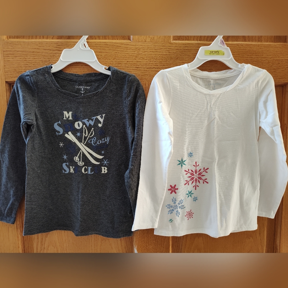 NWT Girls Size 4 Lands' End Kids Snowy Ski Club and Snowflake Long Sleeved Tees